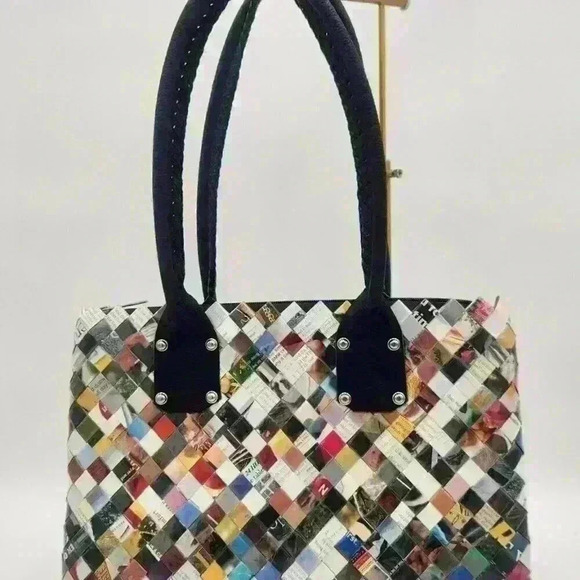 Cosmic Bobbins Vintage Y2K Upcycled "Wrapper" Large Hand Bag with Leather Straps - Picture 2 of 11